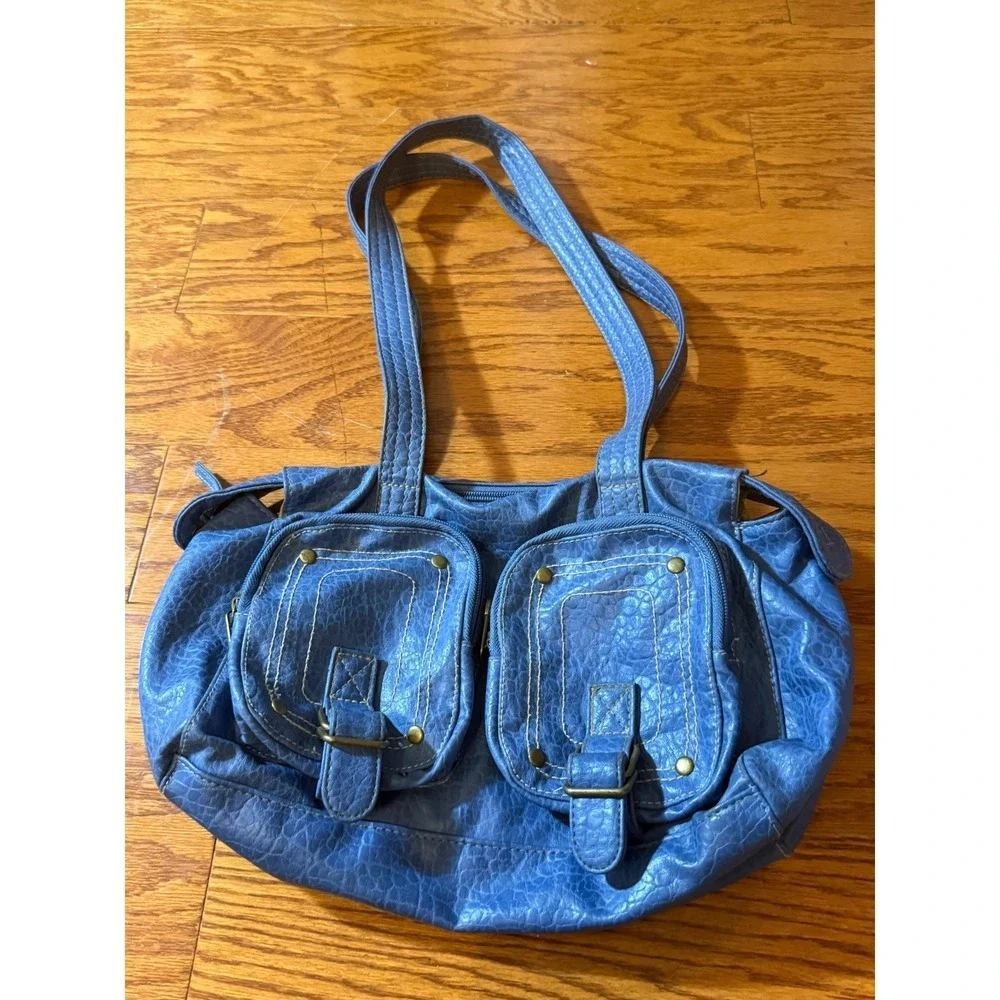 Y2K Joe Boxer Blue Faux Leather Boho Shoulder Utility Pockets Buckle Accent GUC